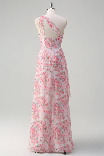 Pink Floral One Shoulder Long Prom Kjole Med Slids